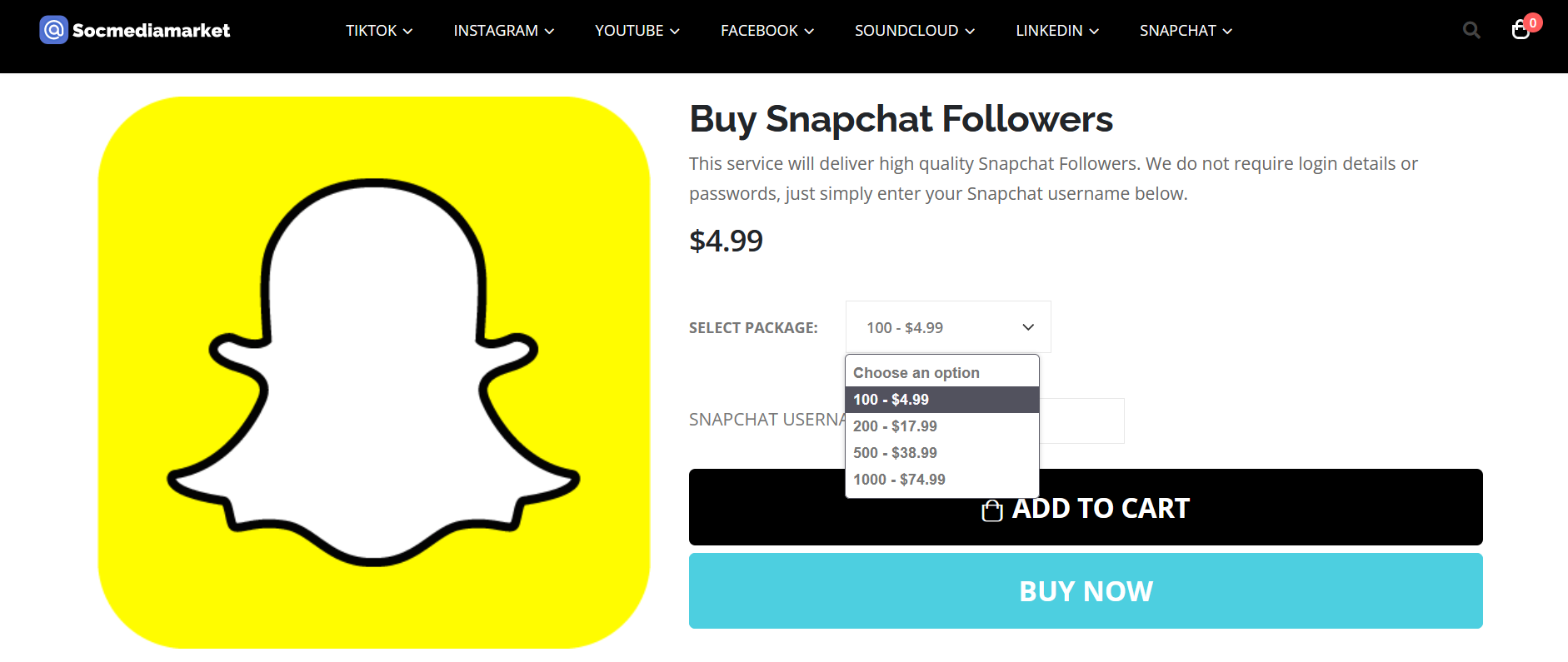 Buy Snapchat followers on Socmediamarket website
